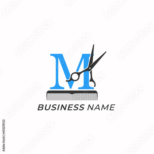 design logo combine letter M and scissor barber tool