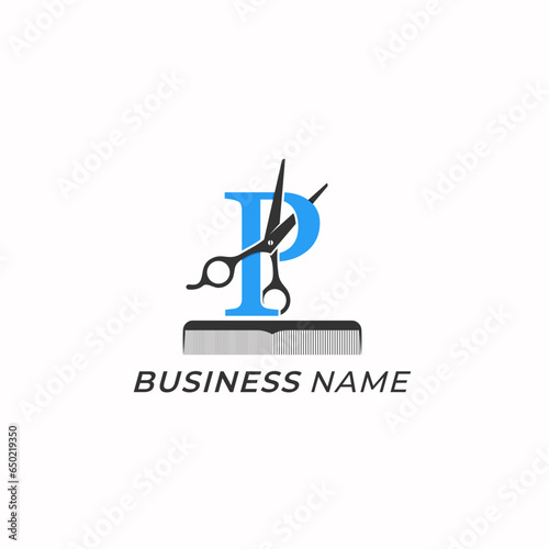 logo design combine letter P and scissor salon