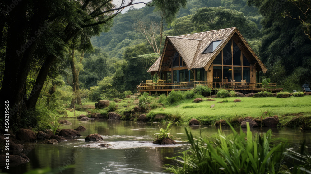 Cozy autonomous eco-house in a summer forest near the river. The concept of caring for the environment and relaxation away from the city. Cozy autonomous eco-house in a summer forest near the river. The concept of caring for the environment and relaxation away from the city.
