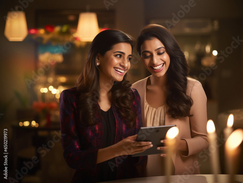Two indian women using tablets at home