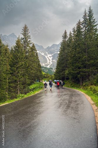 A group of people walks along a rainy road in the Polish Tatras National Park. The raindrops create a dramatic effect on the road and people, adding a sense of atmosphere and mood.