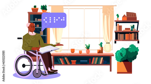 bling man in wheelchair reading with braille alphabet people with disabilities concept living room interior