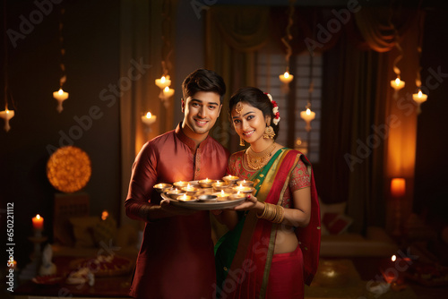 Indian couple celebrating diwali festival together at home photo
