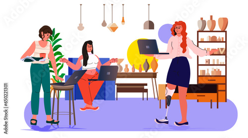 disabled woman with replaced robotic leg working on laptop people with disabilities concept modern office interior