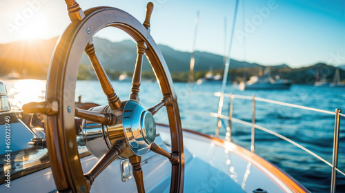 Generative AI, yacht helm, steering wheel, ship deck, stern, sea watercraft, board, cockpit, stern, sails, boat control, luxury lifestyle, ocean, travel, sailing, adventure, pier, cast off, marina