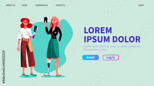 women with replaced robotic leg and arm with titanium implant or prosthesis body parts restoring normal functioning people with disabilities concept