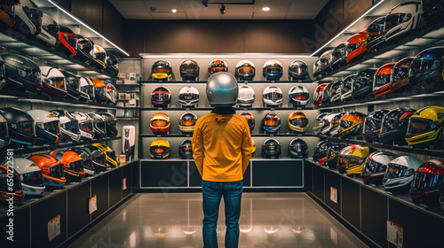 A display of motorbike helmets in a shop photo
