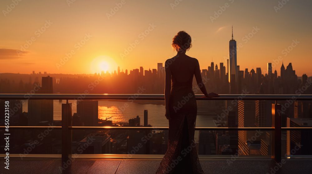 Fototapeta premium A woman stands on a lavish balcony, framed by the warm hues of a setting sun