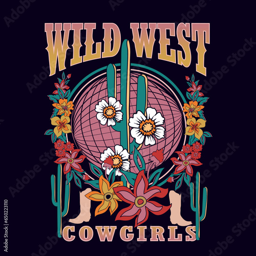  flowers in desert vibes natural wild west cowgirl bootee, cactus, Western sublimation item, country yeeha howdy, retro western element