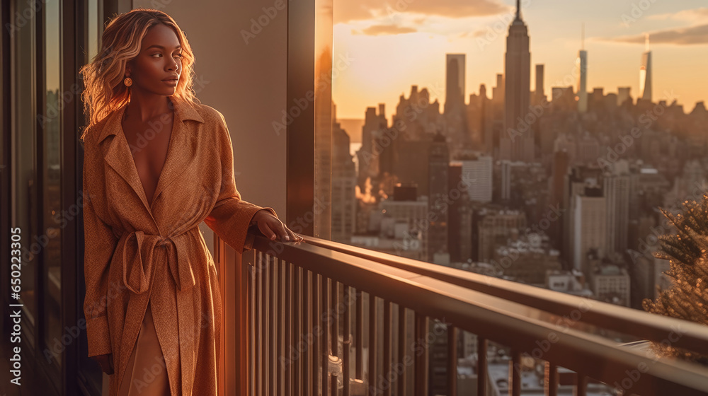 A woman stands on a lavish balcony, framed by the warm hues of a setting sun