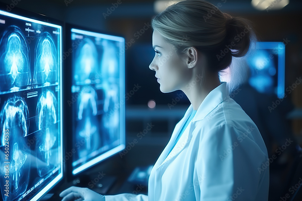 Advanced Brain Imaging Doctor Monitoring CT Scan Procedure in Medical Laboratory. created with Generative AI Advanced Brain Imaging Doctor Monitoring CT Scan Procedure in Medical Laboratory. created with Generative AI