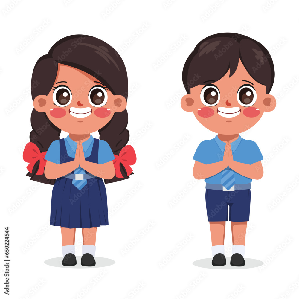 Cute cartoon indian kid student doing namaste and greeting. Back to school india. Cute cartoon indian kid student doing namaste and greeting. Back to school india.