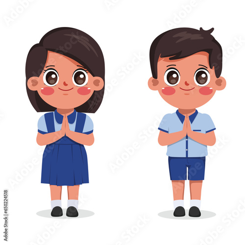 Cute cartoon indian kid student doing namaste and greeting. Back to school india.