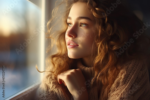 Cozy Winter Moments Beautiful Woman in Knitted Attire Admiring the Season Through Home Window. created with Generative AI © photobuay