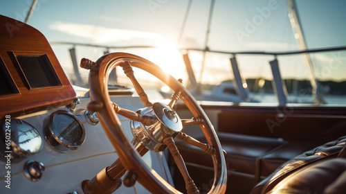 Generative AI, yacht helm, steering wheel, ship deck, stern, sea watercraft, board, cockpit, stern, sails, boat control, luxury lifestyle, ocean, travel, sailing, adventure, pier, cast off, marina