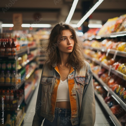 Teen girl in a supermarket. AI generated