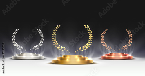 Awards nomination name podium, awards golden prize event, first place, second place, third place, scene star ceremony. Vector illustration photo