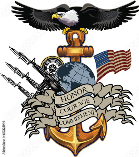 Military badge: American eagle, anchor, guns. Honor, Courage, Commitment