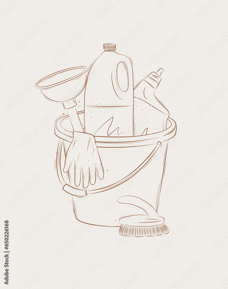Cleaning bathroom supplies tools accessories cleaner, brush, bucket, plunger, gloves drawing in graphic style on beige background