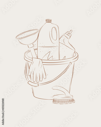 Cleaning bathroom supplies tools accessories cleaner, brush, bucket, plunger, gloves drawing in graphic style on beige background