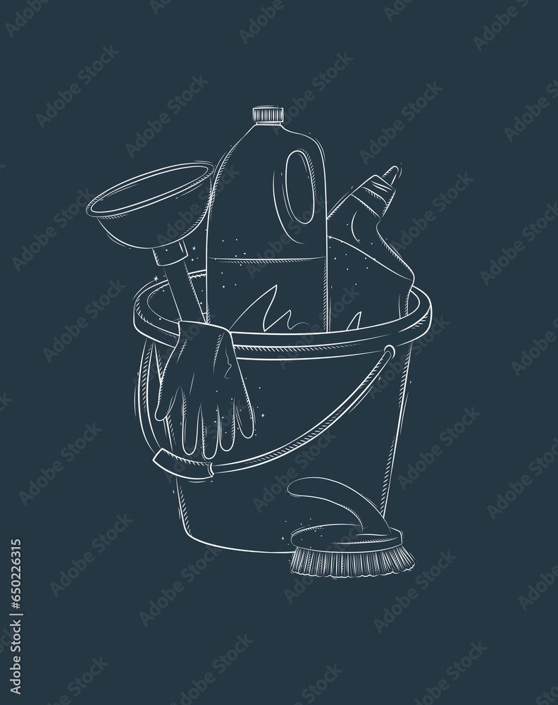 Cleaning bathroom supplies tools accessories cleaner, brush, bucket, plunger, gloves drawing in graphic style on blue background