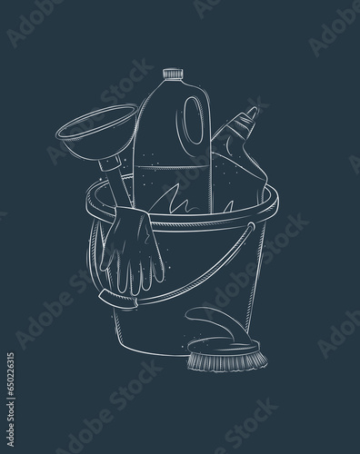 Obraz na płótnie Cleaning bathroom supplies tools accessories cleaner, brush, bucket, plunger, gloves drawing in graphic style on blue background w salonie