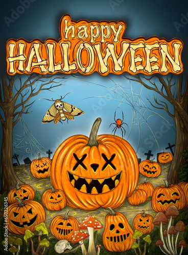 Happy Halloween party poster. Halloween pumpkins under the moonlight.  photo