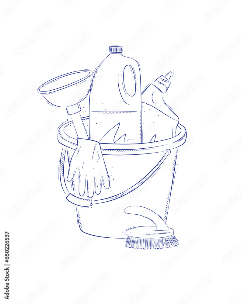 Cleaning bathroom supplies tools accessories cleaner, brush, bucket, plunger, gloves drawing in graphic style on light background