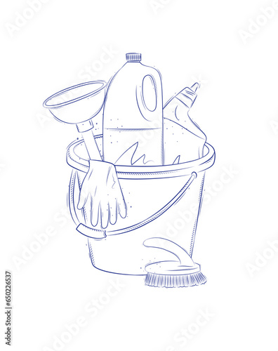 Obraz na płótnie Cleaning bathroom supplies tools accessories cleaner, brush, bucket, plunger, gloves drawing in graphic style on light background w salonie