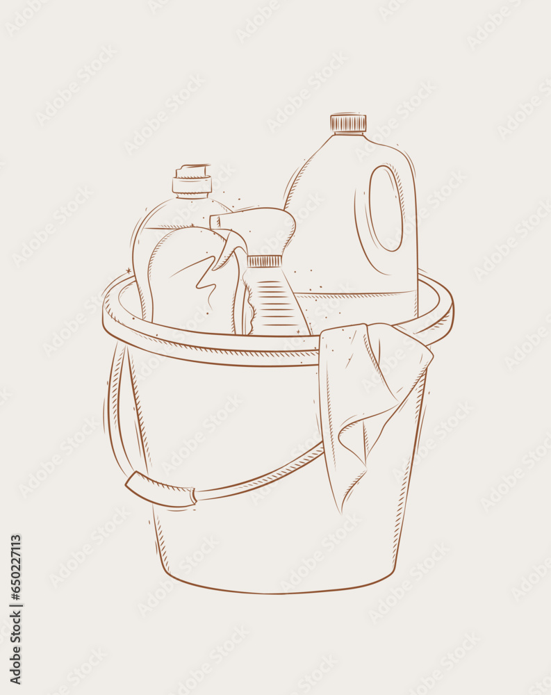 Cleaning supplies tools accessories bucket, rag, glass cleaner drawing in graphic style on beige background