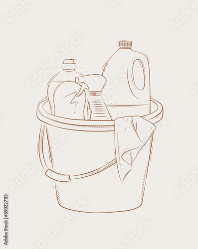 Obraz na płótnie Cleaning supplies tools accessories bucket, rag, glass cleaner drawing in graphic style on beige background w salonie