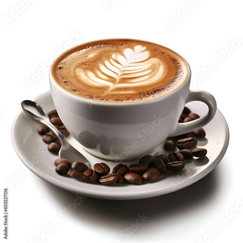 Cup of coffee with latte art and coffee beans on white background © Wazir Design