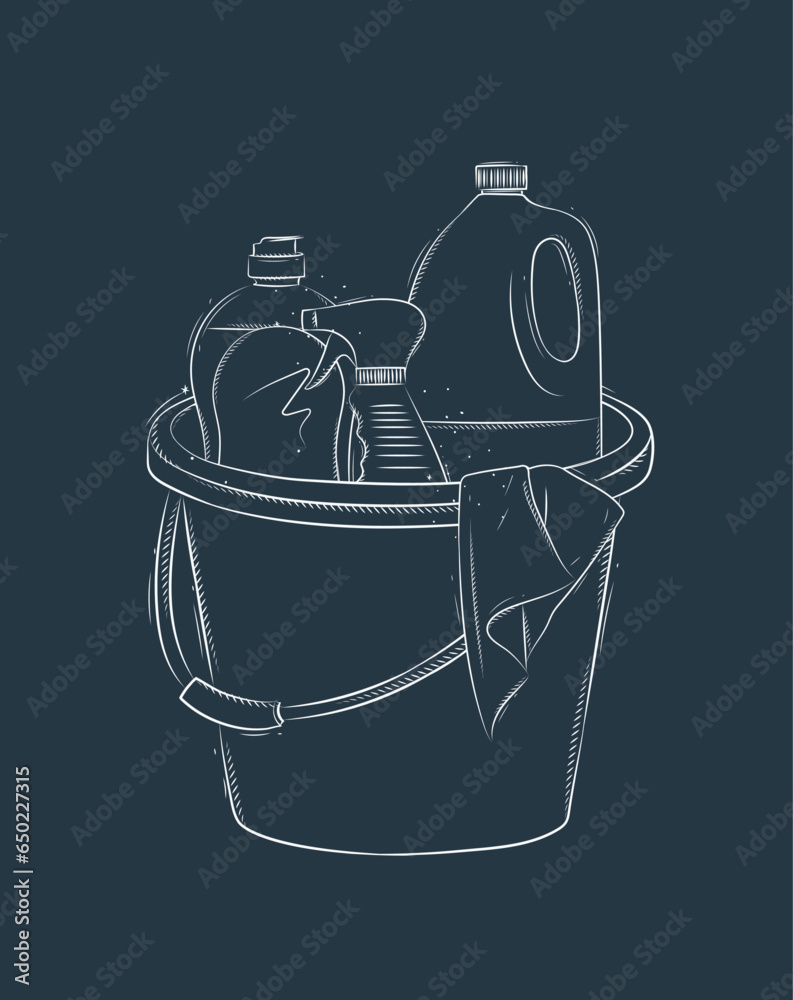 Cleaning supplies tools accessories bucket, rag, glass cleaner drawing in graphic style on blue background