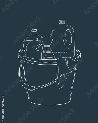Obraz na płótnie Cleaning supplies tools accessories bucket, rag, glass cleaner drawing in graphic style on blue background w salonie