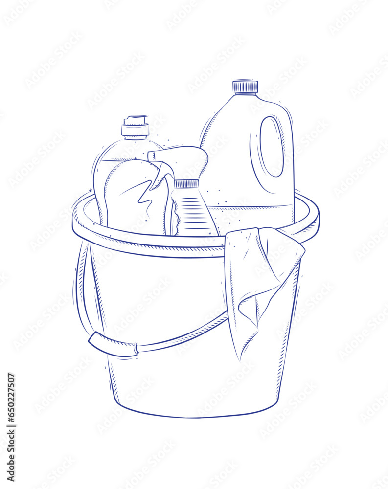 Cleaning supplies tools accessories bucket, rag, glass cleaner drawing in graphic style on light background