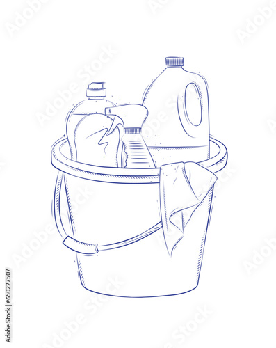 Obraz na płótnie Cleaning supplies tools accessories bucket, rag, glass cleaner drawing in graphic style on light background w salonie