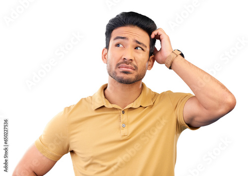Confused, thinking and man with a question, why or decision for problem solving on isolated, transparent or png background. Face, remember and asian person unsure about memory, ideas or mistake