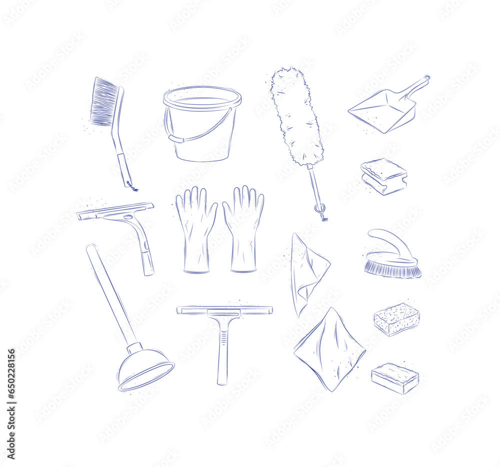 Cleaning bathroom supplies tools accessories brush, bucket, gloves, scraper, sponge, dustpan, napkins, plunger drawing in graphic style on light background