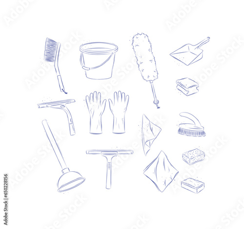 Cleaning bathroom supplies tools accessories brush, bucket, gloves, scraper, sponge, dustpan, napkins, plunger drawing in graphic style on light background