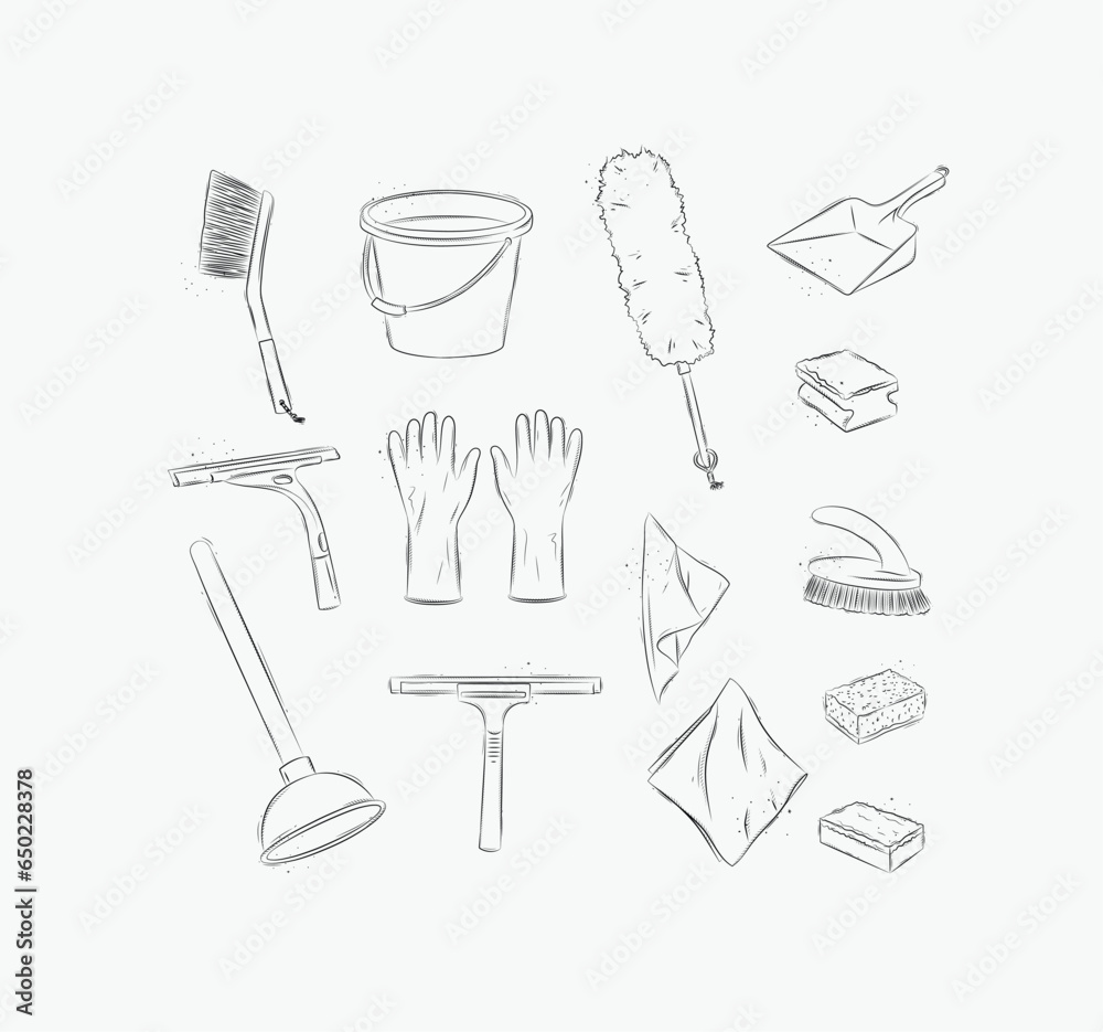 Cleaning bathroom supplies tools accessories brush, bucket, gloves, scraper, sponge, dustpan, napkins, plunger drawing in graphic style on white background