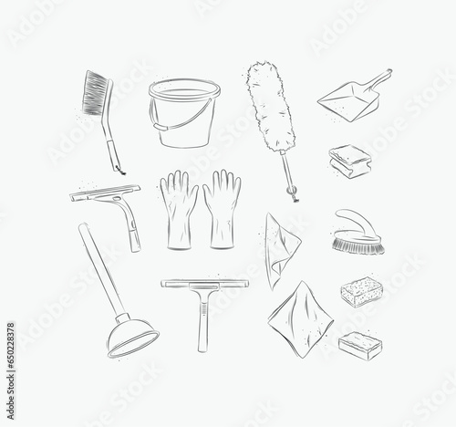 Obraz na płótnie Cleaning bathroom supplies tools accessories brush, bucket, gloves, scraper, sponge, dustpan, napkins, plunger drawing in graphic style on white background w salonie