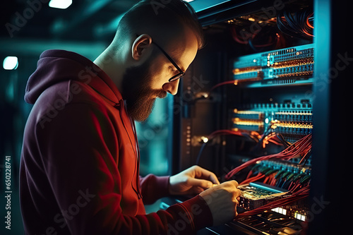 Digital Nerve Center Network Engineer Fine-Tuning Structured Cabling and Switches for Seamless Data Transmission. created with Generative AI