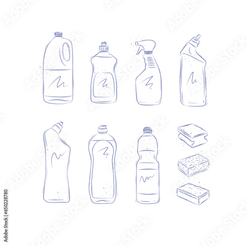 Set of cleaning products bleach  liquid soap  dish rinse aid  glass and toilet cleaner  washcloths drawing in graphic style on light background