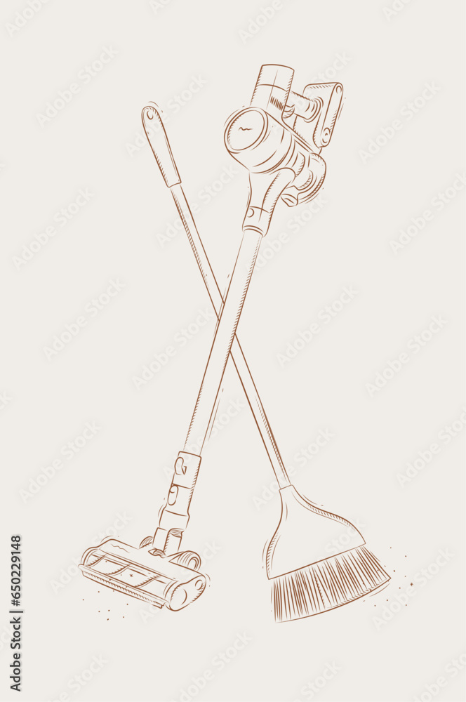 Cordless vacuum cleaner and flat broom drawing in graphic style on beige background