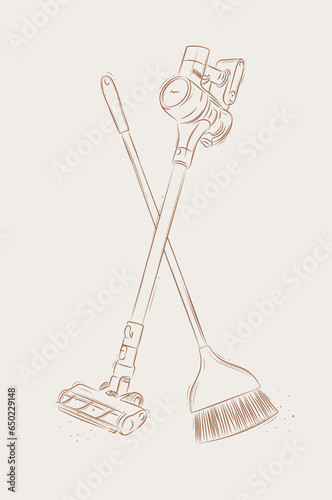 Obraz na płótnie Cordless vacuum cleaner and flat broom drawing in graphic style on beige background w salonie