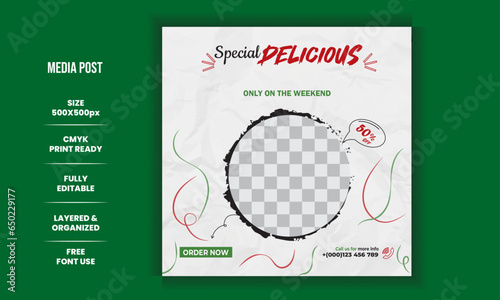 Food social media post, social media post template for food menu promotion and ads Editable minimal square banner frame poster. Vector illustration.