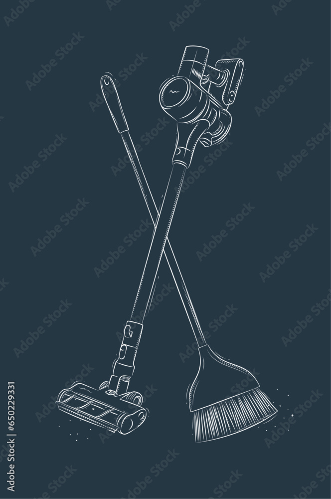 Cordless vacuum cleaner and flat broom drawing in graphic style on blue background