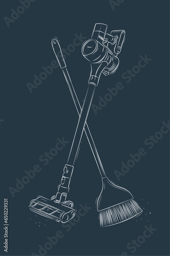 Obraz na płótnie Cordless vacuum cleaner and flat broom drawing in graphic style on blue background w salonie