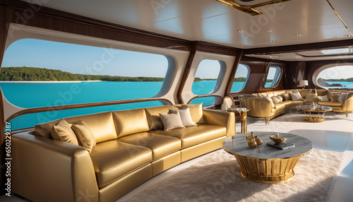 Canapé doré dans un salon de luxe sur un yacht avec vue panoramique sur le lagon