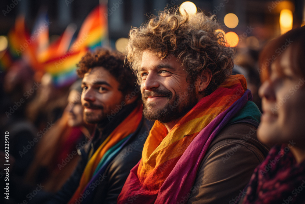 Side view of two mature gay men with rainbow flag at lgbt demonstration